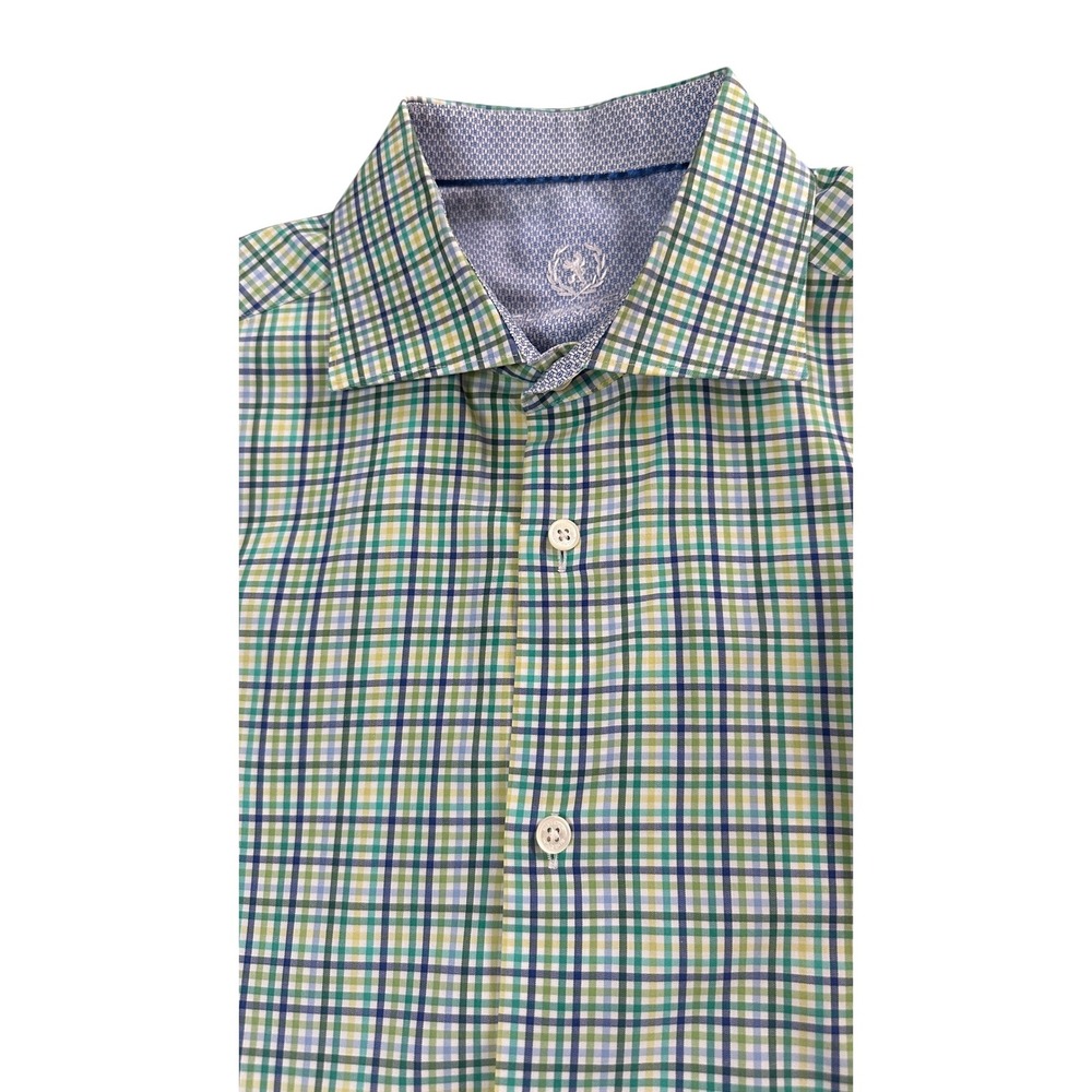 Bugatchi Men's Plaid Long Sleeve Button Down Dress‎ Shirt Green Blue  16 34/35